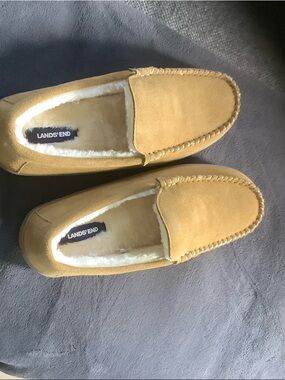 Lands' End Men's Mustard Suede Moccasin Slippers